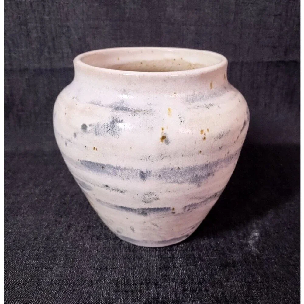 Vintage Signed Studio Pottery Ceramic Speckle Glaze Blue Stripe Vase Planter Pot